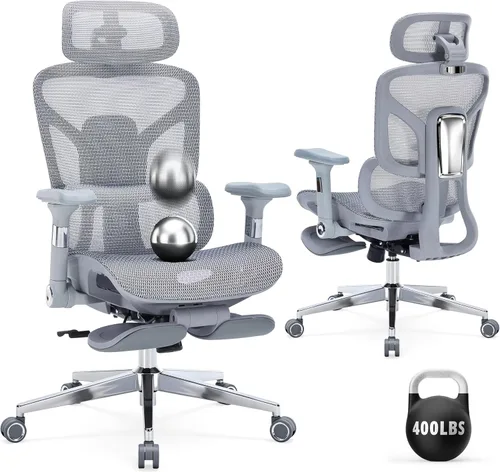 Silla de oficina ergonómica con reposapiés, silla de escritorio de malla resistente de 400 libras, reposabrazos 5D, lumbar 3D, respaldo de 5 Gris