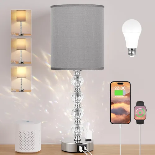 Miniatura 15 de Lámparas de noche táctiles blancas para dormitorios, lámpara de mesa de cristal con puerto de carga USB C+A y mesita de noche de salida de CA