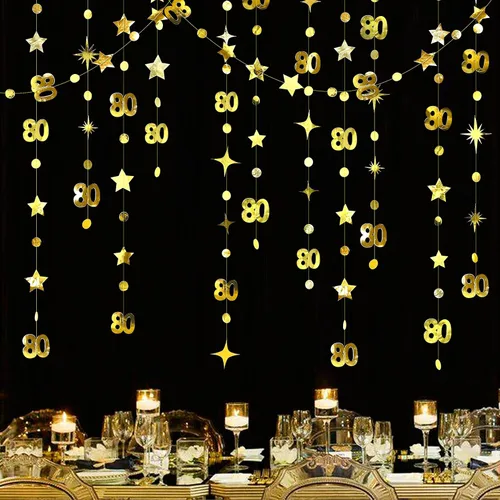 Miniatura 8 de Decoraciones negras de cumpleaños número 80, guirnalda de estrellas centelleantes con número 80, telón de fondo metálico para mujeres, hombres