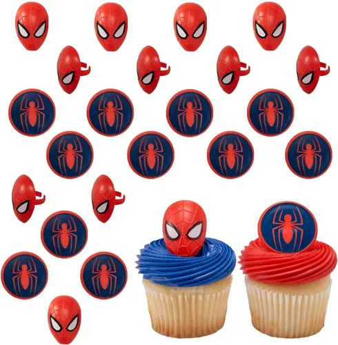 DecoPac Marvel's Spider-Man™ - Anillos de araña y máscara, decoraciones de cupcakes de Spider-Man™, adornos para pasteles rojos y azules seguros