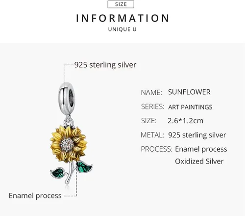 Miniatura 4 de Shysnow Pulseras de plata de ley 925 con dije de girasol, chapado en oro, circonita cúbica, con abalorios, brazalete, collar