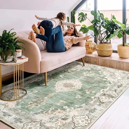 Miniatura 2 de MUJOO Alfombra Boho de 4'x6.5' Alfombras de Área para Dormitorio Sala de Estar Comedor Verde Alfombras Pequeñas Lavables a Máquina Antideslizantes