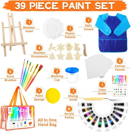 Miniatura 2 de POPYOLA Juego de pintura acrílica para niños, juego de pintura no tóxica para niños con caballete de mesa, pinturas acrílicas, bata, lienzos
