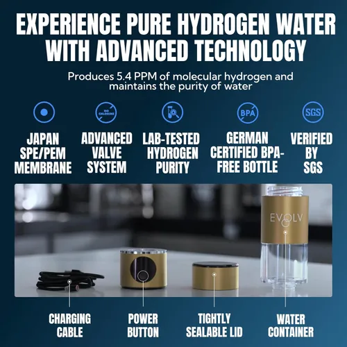 Miniatura 4 de EVOLV Generador de Botella de Agua de Hidrógeno - Ionizador de Agua SPE y PEM 5.4PPM, Mayor Concentración de H2 - Botella de Agua Hidrogenada