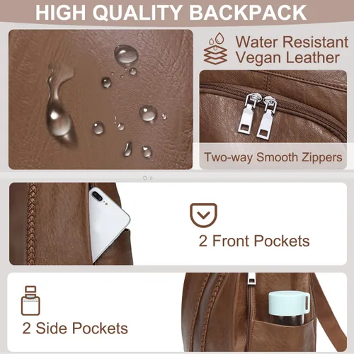 Miniatura 5 de VASCHY - Mochila para mujer, de piel sintética, moderna, antirrobo, mochila para mujer, con tejido clásico., Marrón), VAAU061BR