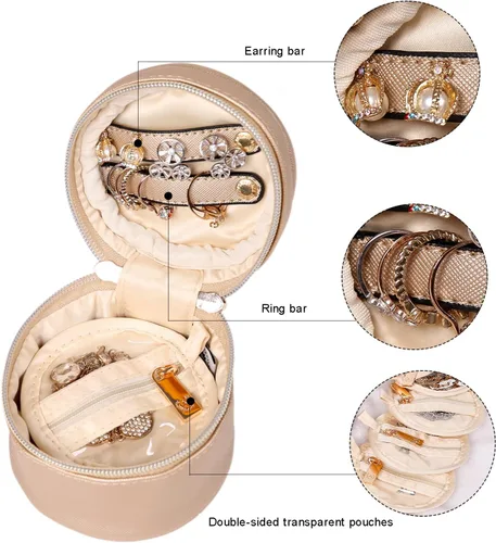 Miniatura 4 de Angelina's Palace Organizador redondo de joyas, bolsa de viaje, regalos de dama de honor, caja de cuero vegano para collar, aretes, pulsera, anillo
