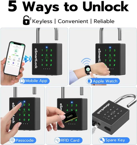 Miniatura 3 de eLinkSmart Candado inteligente resistente con llave, bloqueo de almohadilla con teclado de código, resistente a la intemperie, Bluetooth RFID