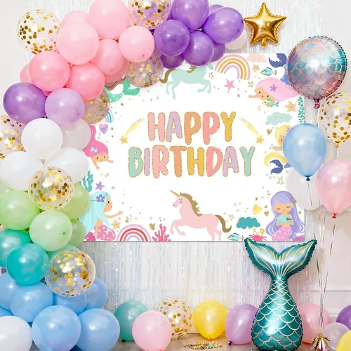 Miniatura 4 de Avezano Telón de fondo de cumpleaños de sirena y unicornio, decoración de fiesta de cumpleaños de sirena, arco iris, unicornio, decoración de fiesta
