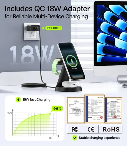 Miniatura 8 de Estación de carga 3 en 1 para dispositivos Apple, cargador inalámbrico rápido de 15 W compatible con soporte de carga MagSafe para iPhone 17 16 15