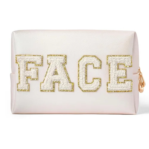 Y1tvei Preppy Patch FACE - Bolsa de cosméticos de felpilla blanca con letras de felpilla blanca, bolsa portátil de maquillaje cosida con letras