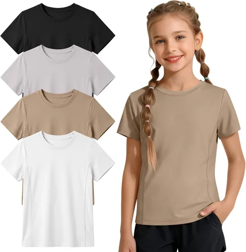 Paquete de 4 camisetas atléticas de manga corta para niñas, de secado rápido, camisetas activas de verano con cuello redondo y ropa deportiva para