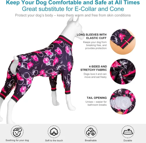Miniatura 5 de LovinPet Pijamas 3XL para Perros - Camiseta Interior para Sudaderas de Perro, Camisa de Recuperación Quirúrgica para Perros, Estampado Floral Negro