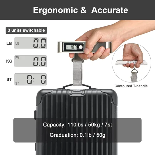 Miniatura 3 de travel inspira Báscula de equipaje, báscula digital portátil para equipaje colgante para viajes, báscula de peso de maleta con pintura de goma, 110