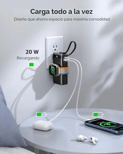 Miniatura 4 de Cargador portátil con cables integrados y enchufe de pared, 50% más pequeño 10000 mAh, cargador de batería USB C de 22.5 W, batería esencial