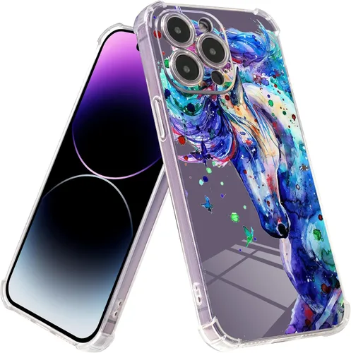 Miniatura 2 de Roemary Funda púrpura para iPhone 13 Pro Max con diseño de caballo azul, patrón de acuarela con protector de pantalla