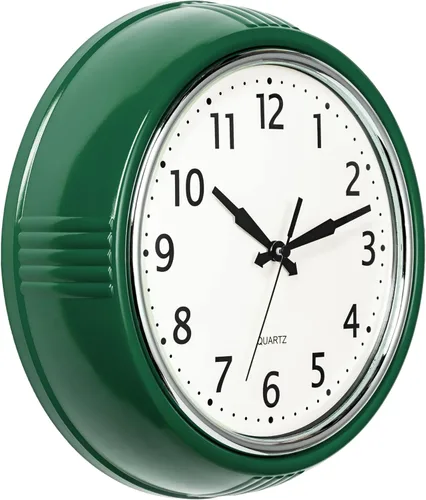 Bernhard Products - Reloj de pared retro de 30cm, color verde cazador para cocina, diseño vintage de los años 50, redondo, silencioso, no hace