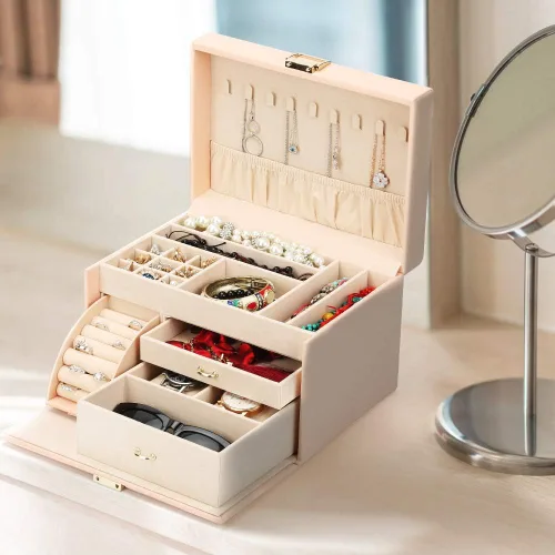 Miniatura 2 de FEISCON Joyero organizador de reloj estuche grande para joyas gafas de sol caja de almacenamiento de cuero organizador de aretes rosa