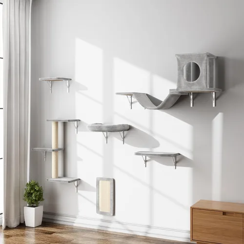 Miniatura 19 de NUNU LAB Juego de muebles para gatos montados en la pared, juego de 6 piezas para escalar con casa, puente, escalones, tabla rascadora - Paredes