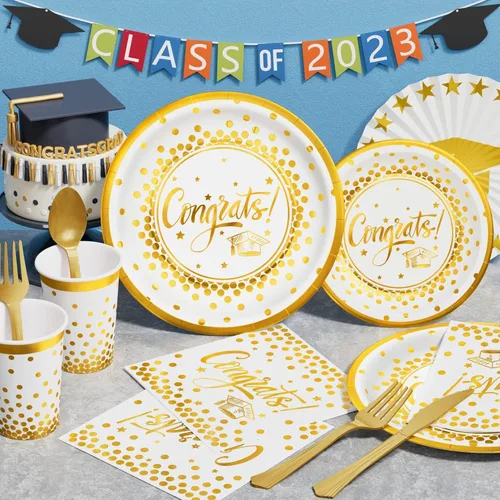 Miniatura 3 de Decoraciones de graduación 2026-175 piezas, juego de vajilla desechable de oro blanco, suministros de fiesta de graduación con platos de papel, A3.