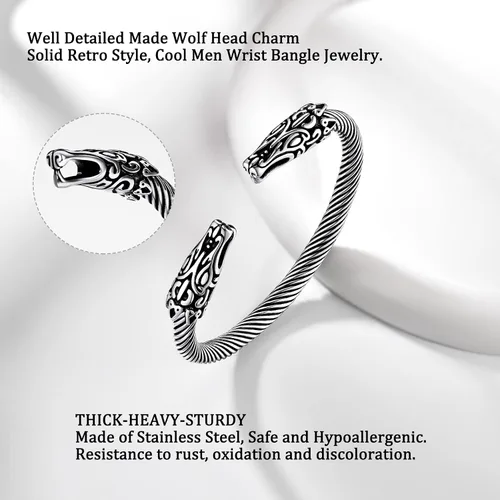 Miniatura 6 de Bestyle Brazalete vikingo de acero inoxidable pesado para hombres y niños, pulsera ajustable abierta de cuervoloboruna, vintage, retro, joyería
