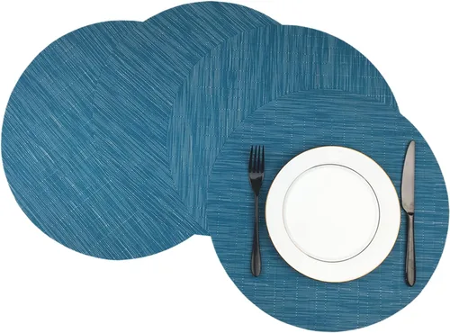 WAZAIGUR Juego de 4 manteles individuales redondos de vinilo tejido fáciles de limpiar, resistentes al calor, manteles para mesa de cocina de 15 Azul