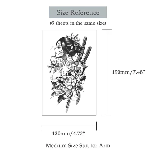 Miniatura 3 de 6 hojas de brazo falso impermeable cuerpo arte temporal tatuajes pegatinas negro japonés geisha samurai mujeres flor loto TBS-04