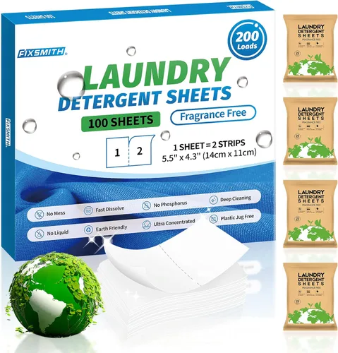 Miniatura 16 de FIXSMITH Hojas de detergente para ropa - 200 cargas (100 hojas) aroma a lino fresco - Tiras de detergente para ropa hipoalergénicas y ecológicas