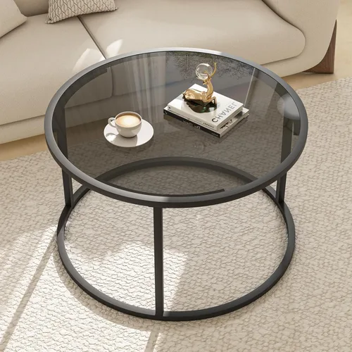 Miniatura 12 de Mesa de café redonda, pequeña mesa de café negra para sala de estar, mesa central moderna de 27" con tapa de vidrio transparente y marco de metal