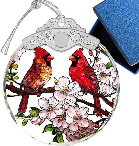 Adornos de Navidad – Pájaros Cardenales y Flores Ornamento de Vidrio Emplomado – Decoración Navideña – Adornos para Árbol de Navidad – Regalos