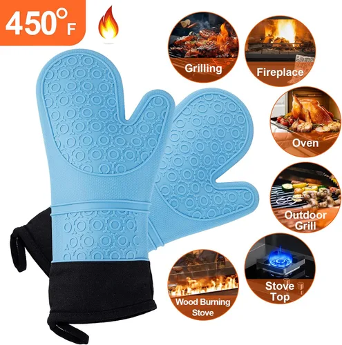 Miniatura 6 de Guantes de horno de silicona resistentes al calor, impermeables, mango flexible, lavable para comida caliente, color azul, extra largo