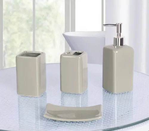 Miniatura 8 de Juego de accesorios para encimera de baño de 4 piezas de cerámica maciza (beige)