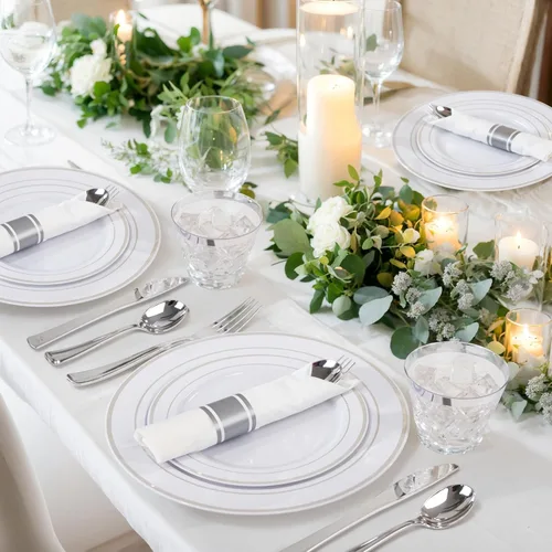 Miniatura 6 de WELLIFE 350 platos de plástico plateado para 50 invitados, juego de vajilla desechable, suministros de fiesta de Navidad incluye 100 platos