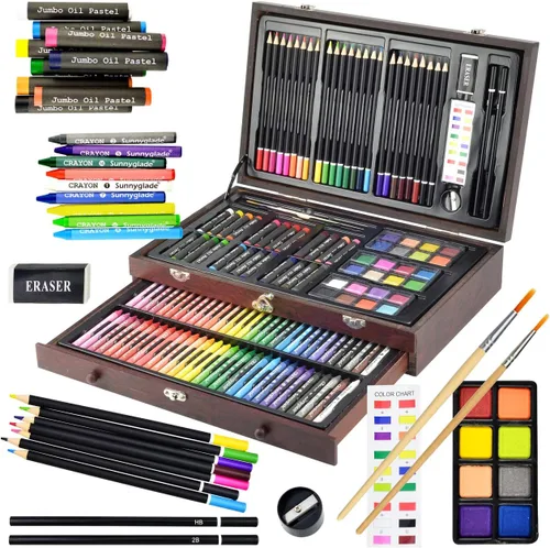 Miniatura 7 de Sunnyglade Juego de Arte Deluxe de 145 Piezas, Caja de Arte de Madera y Kit de Dibujo con Crayones, Pasteles al Óleo, Lápices de Colores, Pastillas