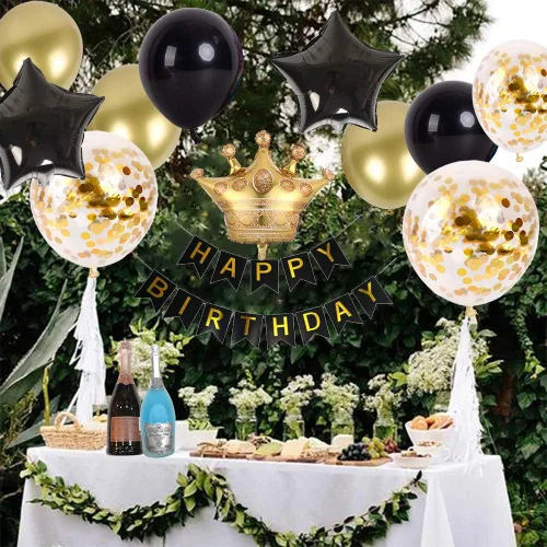 Miniatura 4 de Kit de decoración de fiesta de cumpleaños: pancarta de feliz cumpleaños, globo de corona dorada y globos de látex negros, suministros perfectos