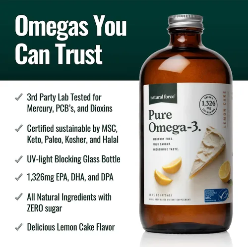 Miniatura 2 de Natural Force Pure Omega 3 - Aceite de pescado líquido - Delicioso sabor a pastel de limón - Sin mercurio, capturado en la naturaleza, probado