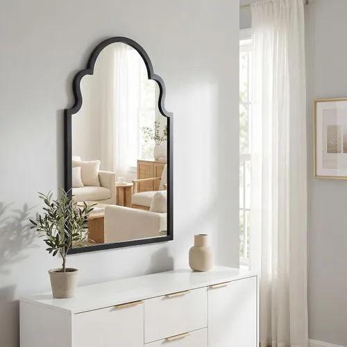 Espejo de baño negro de 36 x 22 pulgadas, espejo de tocador de baño arqueado para pared con marco de metal, antioxidante, espejo decorativo de arco