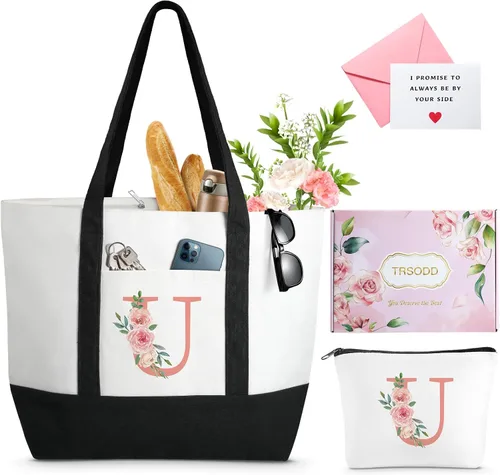 Miniatura 9 de TRSODD Regalos de cumpleaños para mujer, bolsa de lona con inicial con correa ajustable para el hombro y bolsa de maquillaje, regalos para mamá