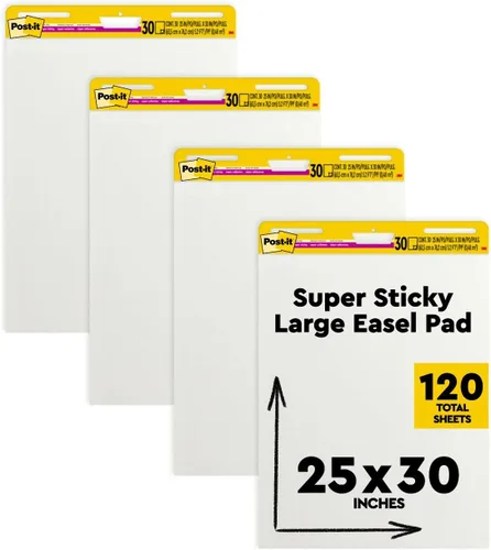 Post-it Rotafolio súper adhesivo, 25 x 30 pulgadas, blanco, 30 hojas/rotafolio, 4 rotafolios/paquete, ideal para profesores y estudiantes virtuales