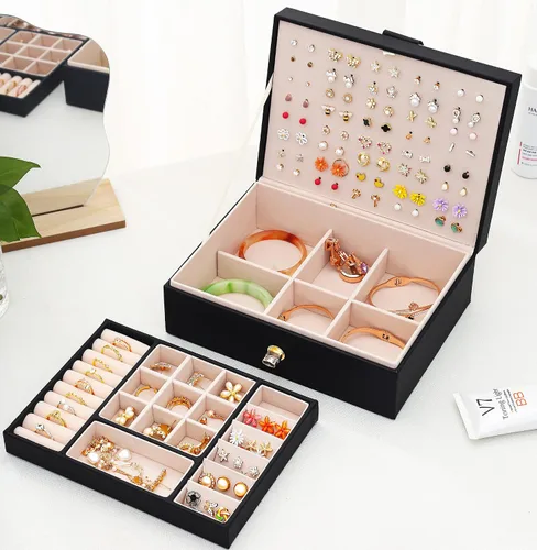 Miniatura 2 de QBestry Organizador de aretes de tuerca para mujeres y hombres, caja de joyería negra para aretes, collar, organizador de joyas, caja de aretes