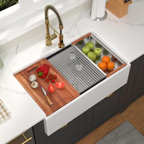 Miniatura 16 de Fregadero de 33 unidades de arcilla refractaria de 33 x 20 x 10 pulgadas, color blanco, fregadero de cocina de porcelana de cerámica, estilo casa