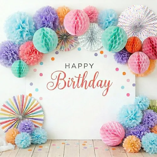 Miniatura 6 de PapaKit Juego de 26 piezas de decoración de fiesta multicolor de lujo, pompones de papel de seda vibrantes, bolas de panal y abanicos de papel