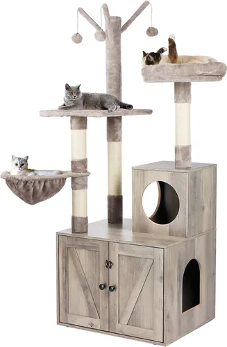 Miniatura 8 de Timberer Árbol para gatos con torre y caja de arena, refugio para gatos de madera 2-en-1 con poste de rascar de sisal, hamaca, marrón