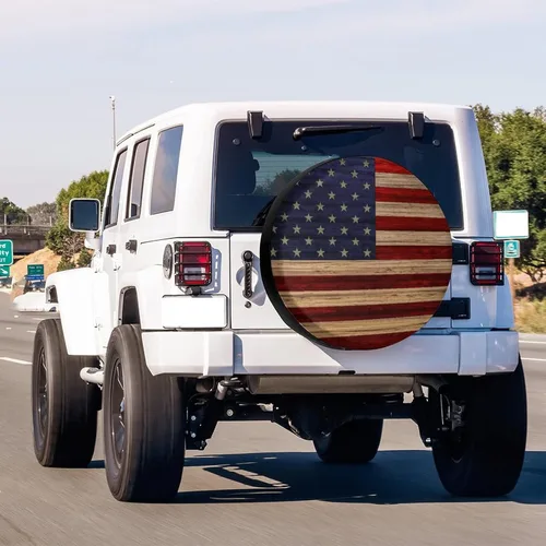 Miniatura 3 de Cubierta de neumático de repuesto de madera recuperada con bandera estadounidense, impermeable, a prueba de polvo, apta para Jeep, remolque, RV, SUV