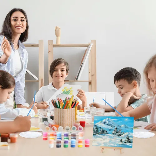 Miniatura 4 de Qilery Juego de 24 mini tableros de lienzo y caballete de 6 x 8 pulgadas para pintar, tiras de pintura acrílica, paletas, pinceles, lienzos, kits