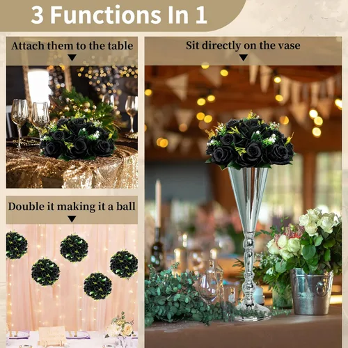 Miniatura 5 de NUPTIO Flores artificiales de rosas negras, 10 ramos de flores artificiales de hortensias negras, 15 cabezas de rosas artificiales con base, flores