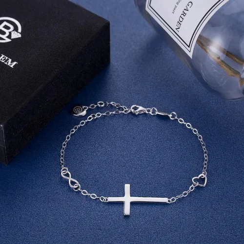 Miniatura 2 de BlingGem - Pulsera de plata esterlina 925, diseño de cruz, símbolo de buena fe, infinito clásico, religioso, multiuso, para mujer, adolescentes