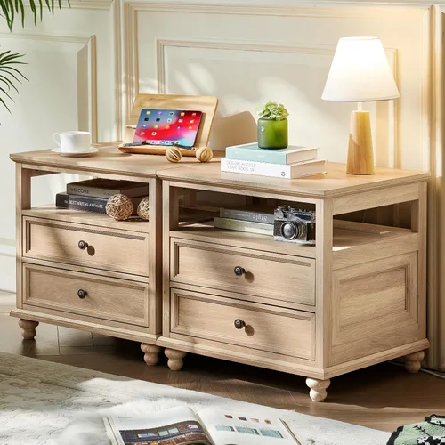 Miniatura 10 de Joaxswe Mesita de noche estilo granja con estación de carga, mesa auxiliar de 61 cm de ancho con 2 cajones, cómoda natural para dormitorio, cómoda