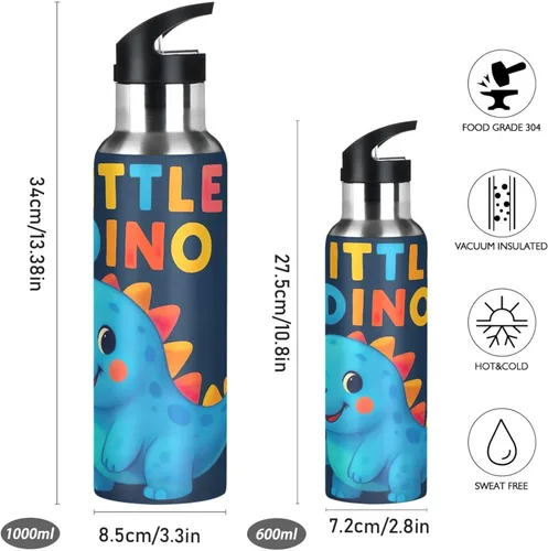 Miniatura 2 de Cute Dinosaur Blue Insulated Stainless Steel Water Bottle with Straw 32 Oz Leakproof Water Bottles, BPA-Free Sport Water Bottle Insulated