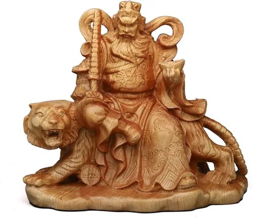 Feng Shui Dios de la riqueza Tsai Shen Yeh sentado en tigre, estatua de tigre tallada en madera maciza, adornos de Zhao Gongming para decoración del