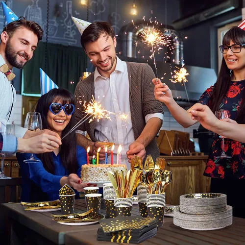 Miniatura 6 de 700 piezas de suministros de fiesta negros y dorados, juegos de vajilla desechables para 100 invitados, platos de papel negro y dorado, servilletas